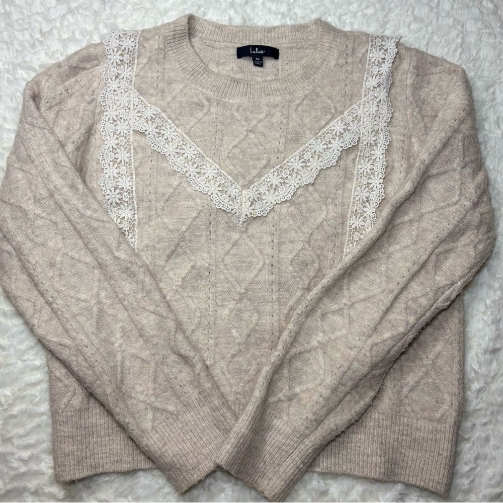 Lulu's Beige Sweater with Lace Accents